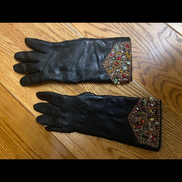 Accessories - Vintage Embellished Black Leather Women's Gloves